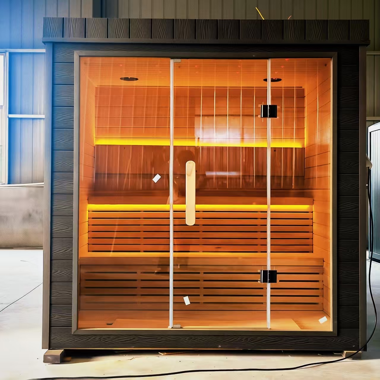 Red cedar outdoor square sauna room with scorching sun and gentle leaning