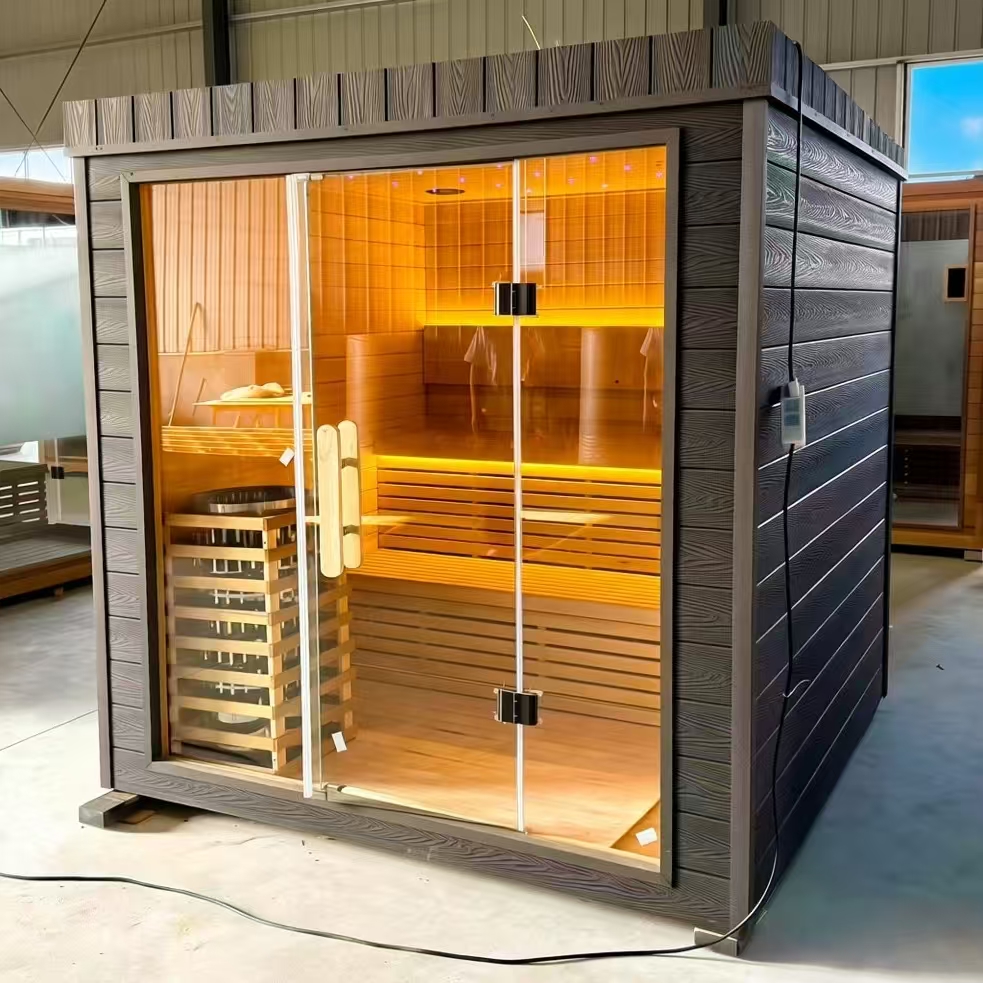Red cedar outdoor square sauna room with moderate softness and hardness