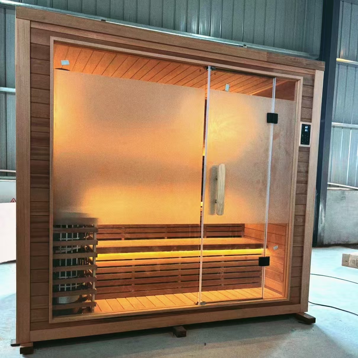 Red cedar outdoor square sauna room with a flat and crack free surface